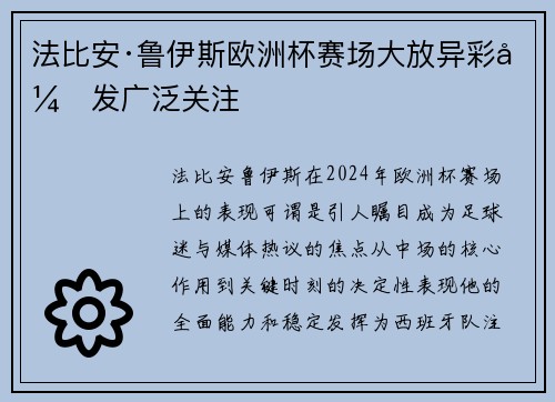 法比安·鲁伊斯欧洲杯赛场大放异彩引发广泛关注