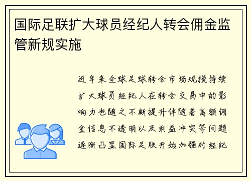 国际足联扩大球员经纪人转会佣金监管新规实施 国际足联扩大球员经纪人转会佣金监管新规实施